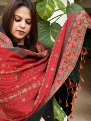 Orange Ajrakh Handblock Printed Silk - Woollen Shawl - Masakalee
