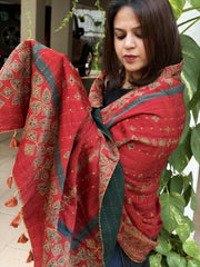 Orange Ajrakh Handblock Printed Silk - Woollen Shawl - Masakalee