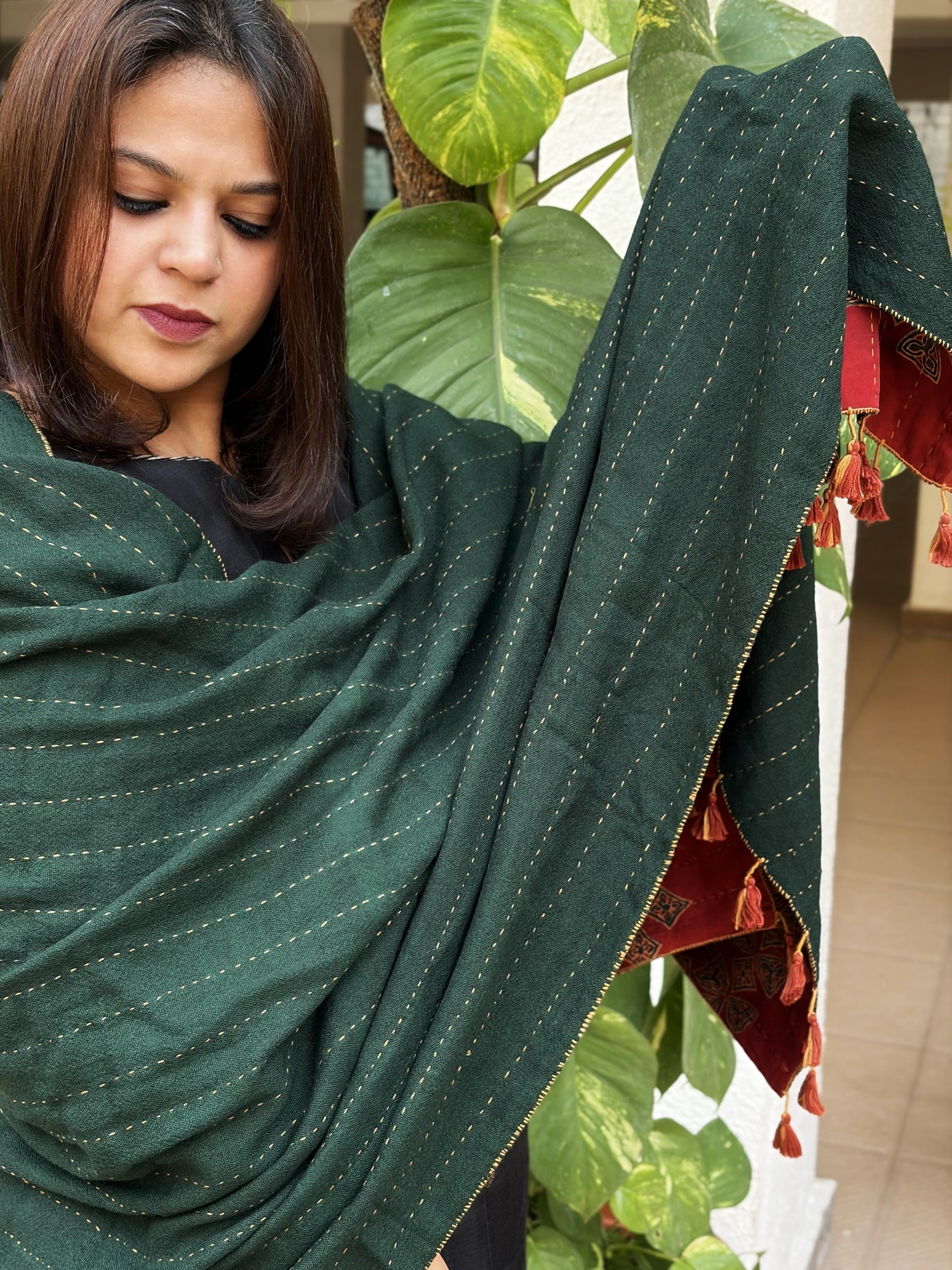 Orange Ajrakh Handblock Printed Silk - Woollen Shawl - Masakalee