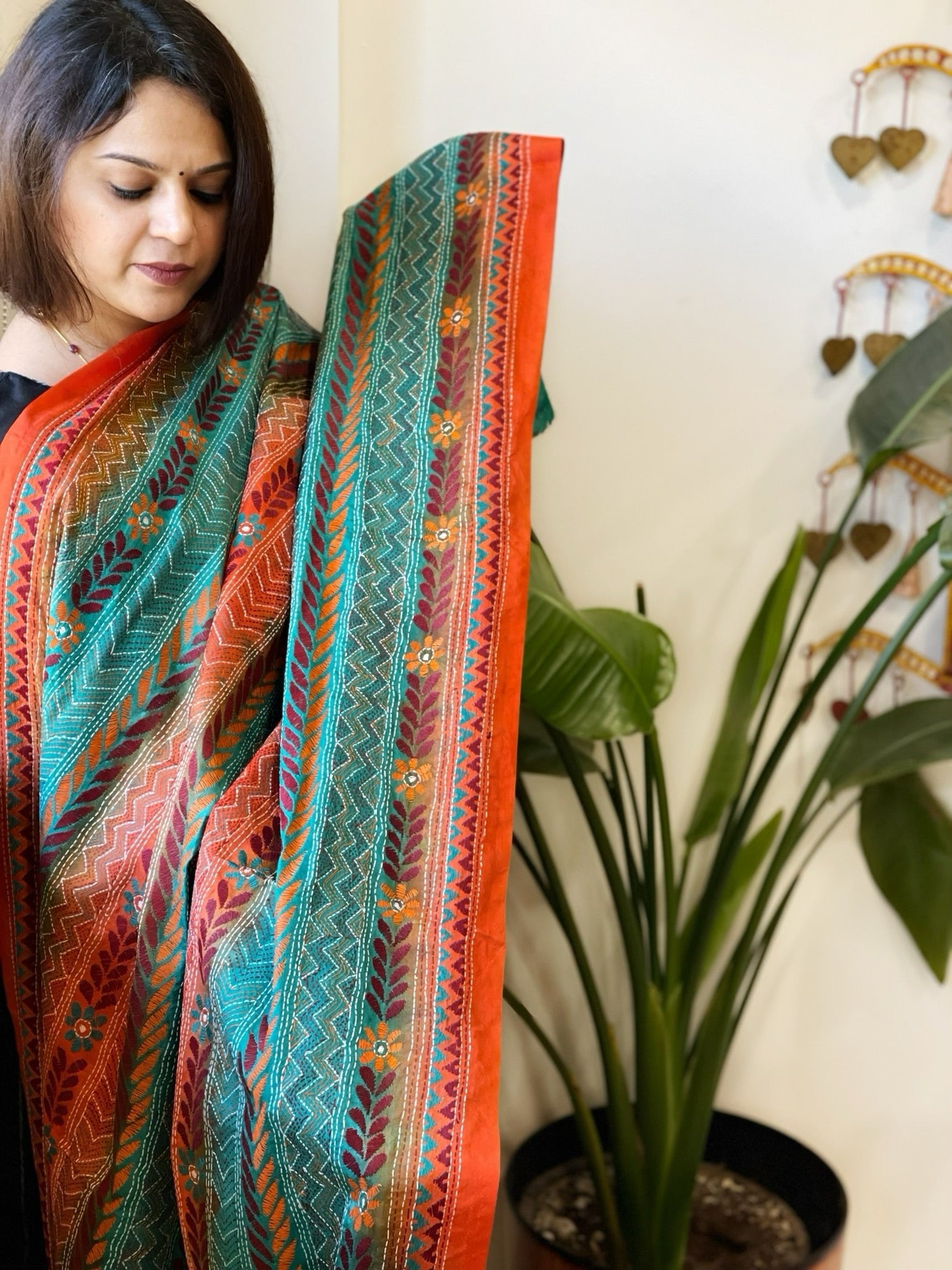 Orange, Aqua Blue Handmade Kantha Dupatta in Silk - Masakalee