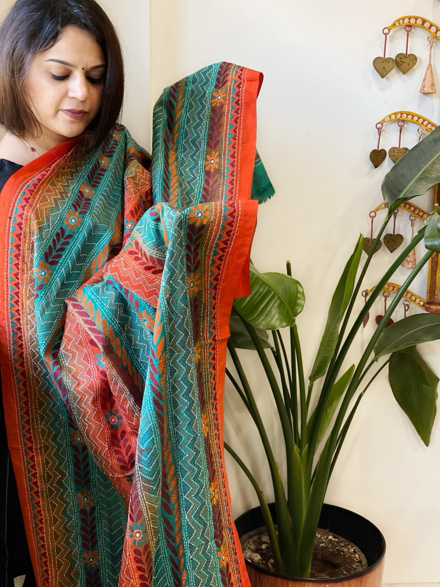 Orange, Aqua Blue Handmade Kantha Dupatta in Silk - Masakalee