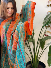Orange, Aqua Blue Handmade Kantha Dupatta in Silk - Masakalee