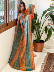 Orange, Aqua Blue Handmade Kantha Dupatta in Silk - Masakalee