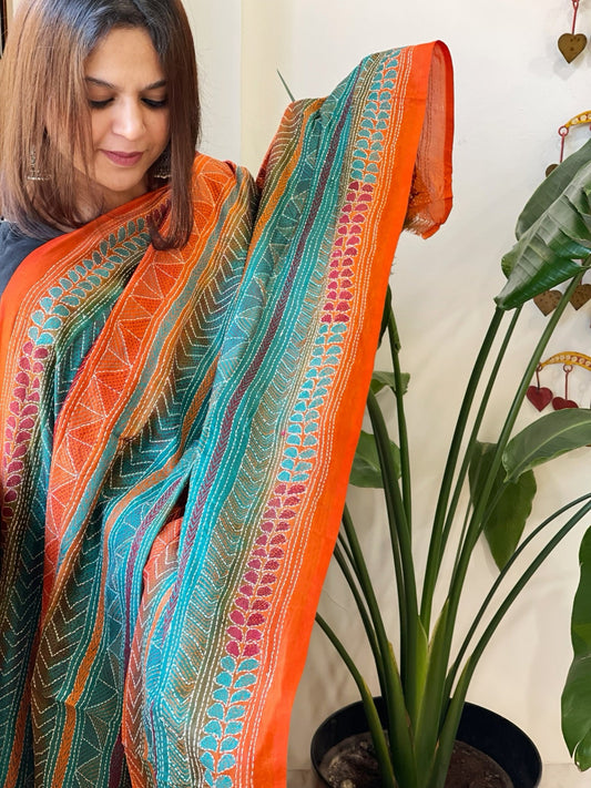 Orange, Aqua Blue Handmade Kantha Dupatta in Silk - Masakalee