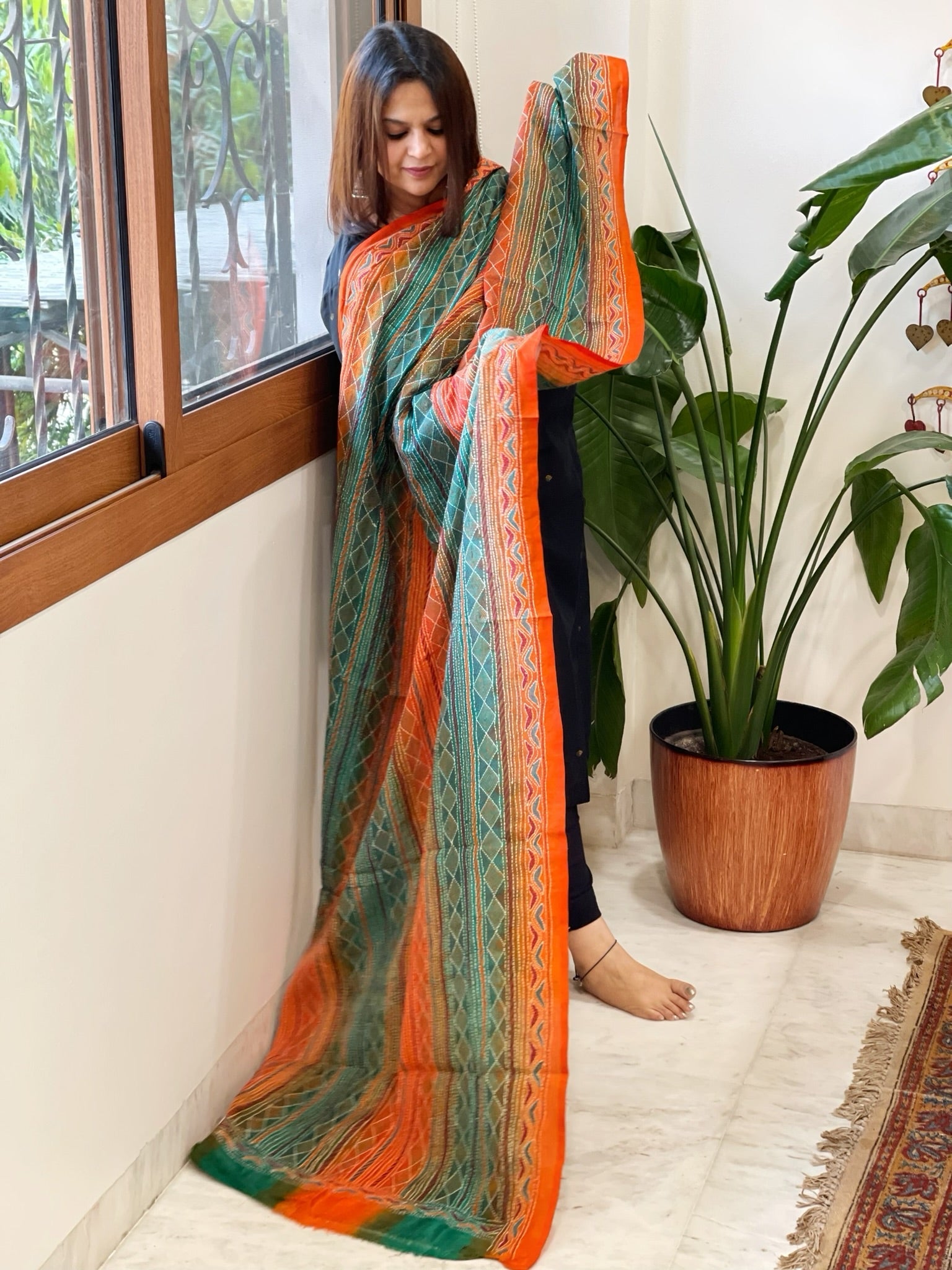 Orange, Aqua Handmade Kantha Dupatta in Silk - Masakalee
