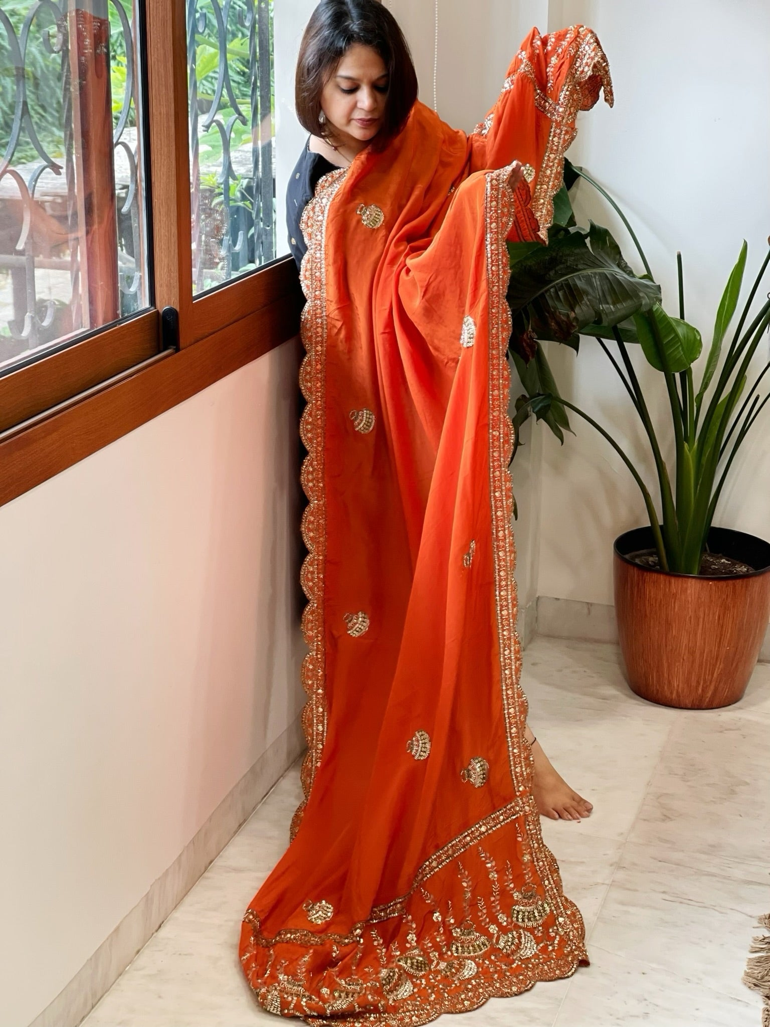 Orange Crepe Dupatta with Pearl, Cut Daana, Gold Thread & Sequin Embroidery - Masakalee