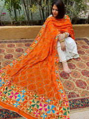 Orange Handmade Phulkari Dupatta in Pure Chinon with Gota Handwork - Masakalee