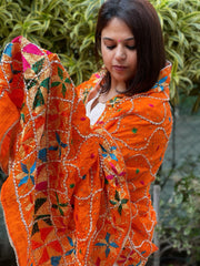 Orange Handmade Phulkari Dupatta in Pure Chinon with Gota Handwork - Masakalee