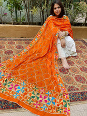 Orange Handmade Phulkari Dupatta in Pure Chinon with Gota Handwork - Masakalee