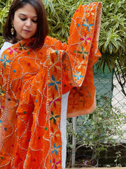 Orange Handmade Phulkari Dupatta in Pure Chinon with Gota Handwork - Masakalee