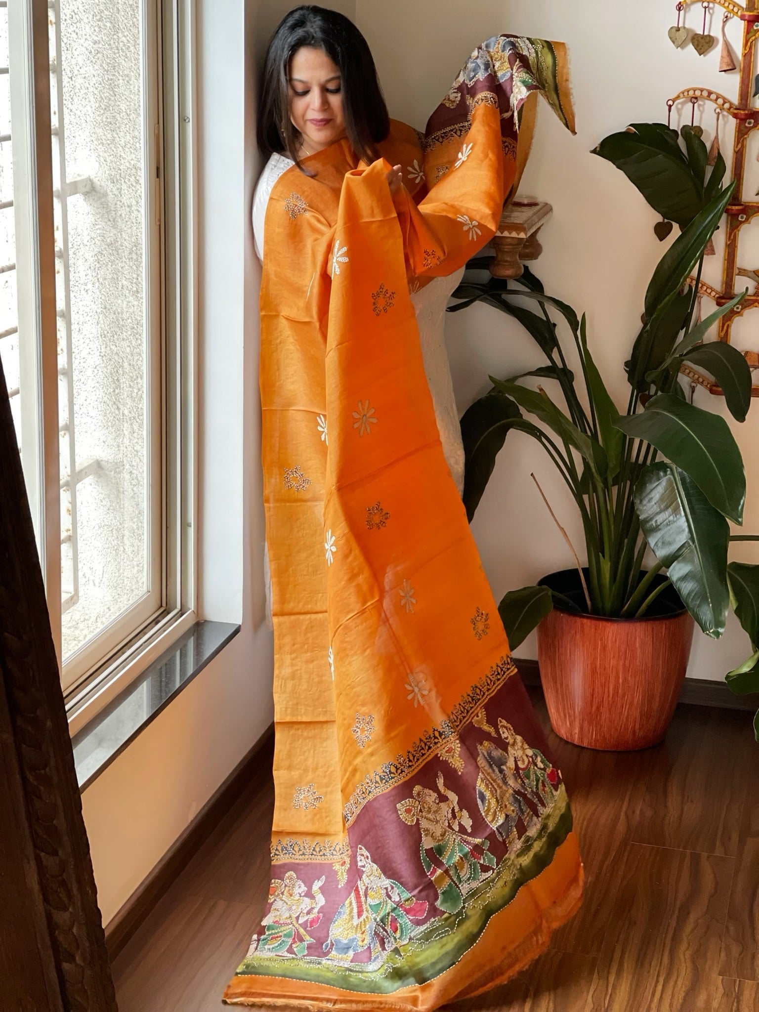 Orange Handpainted Dupatta with Kantha Hand Embroidery in Pure Silk - Masakalee