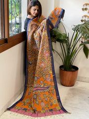 Orange Handpainted Kalamkari Dupatta with Thread & Mirror Handwork in Chanderi Silk - Masakalee