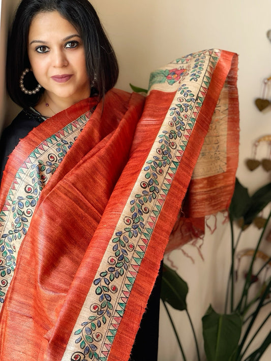 Orange Handpainted Madhubani Dupatta in Pure Tussar Silk - Masakalee