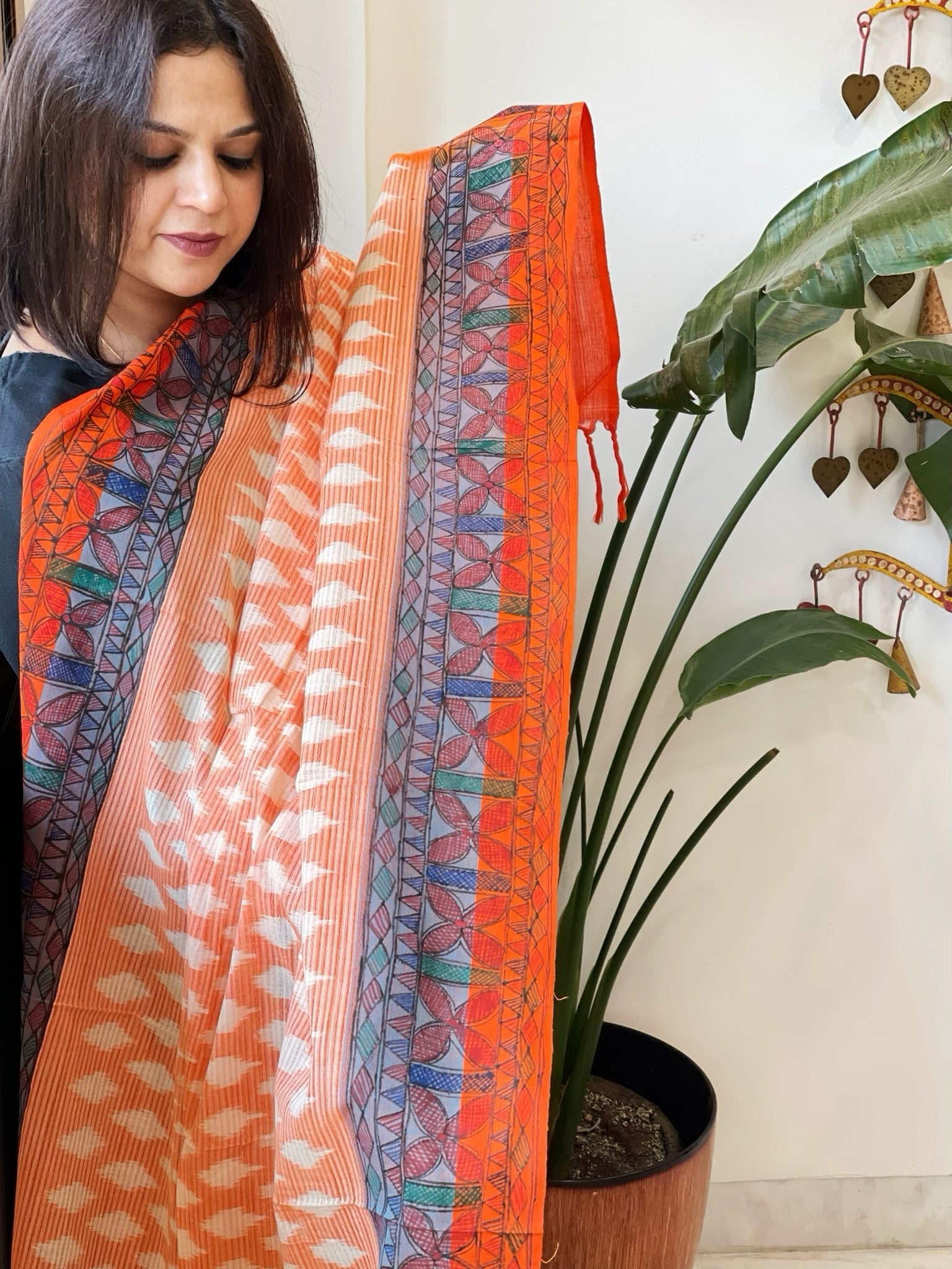 Orange Handwoven Ikat Dupatta with Handpainted Madhubani in Cotton - Masakalee
