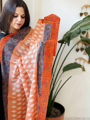 Orange Handwoven Ikat Dupatta with Handpainted Madhubani in Cotton - Masakalee