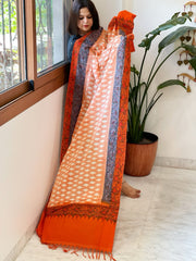 Orange Handwoven Ikat Dupatta with Handpainted Madhubani in Cotton - Masakalee