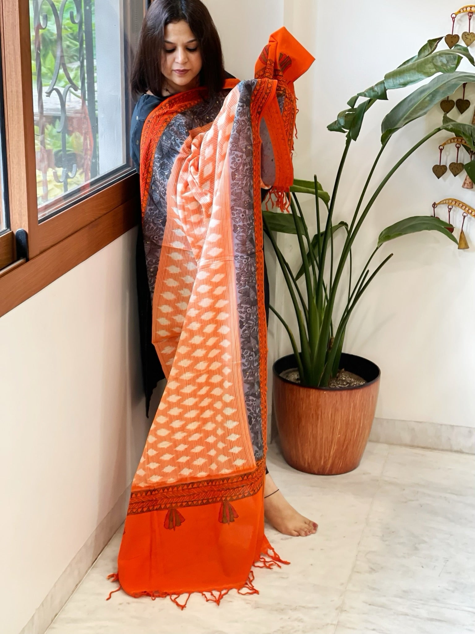 Orange Handwoven Ikat Dupatta with Handpainted Madhubani in Cotton - Masakalee