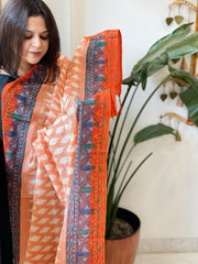 Orange Handwoven Ikat Dupatta with Handpainted Madhubani in Cotton - Masakalee