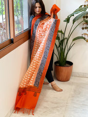 Orange Handwoven Ikat Dupatta with Handpainted Madhubani in Cotton - Masakalee