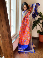 Orange Handwoven Ikat Patola with Gotapatti & Pearl Handwork dupatta in Pure Silk - Masakalee
