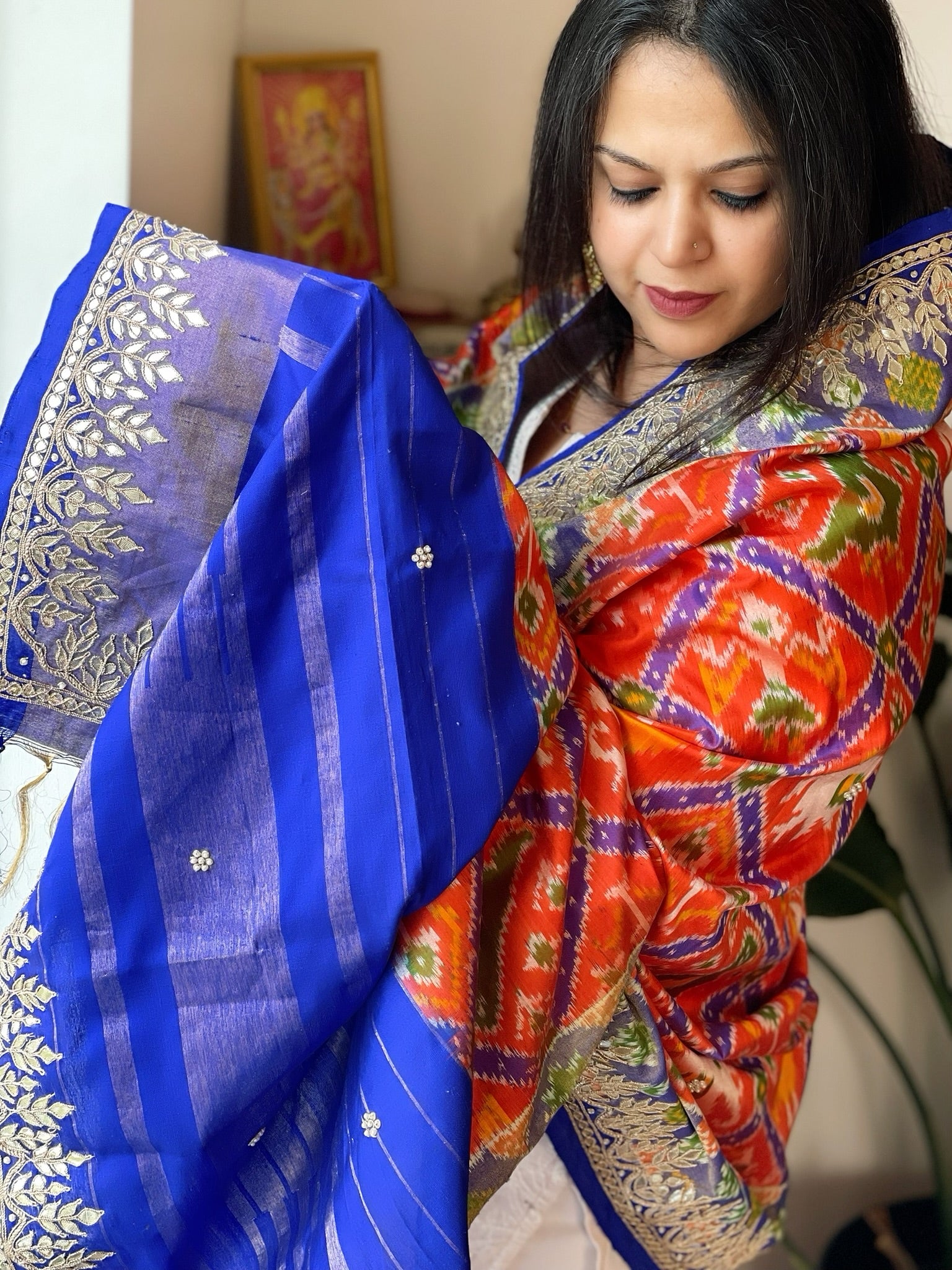 Orange Handwoven Ikat Patola with Gotapatti & Pearl Handwork dupatta in Pure Silk - Masakalee