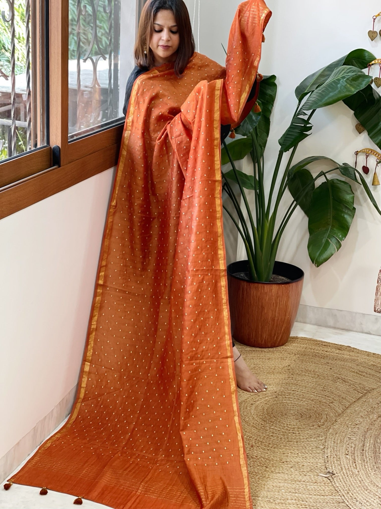 Orange Handwoven Muga Silk dupattas with Hand Embroidery - Masakalee