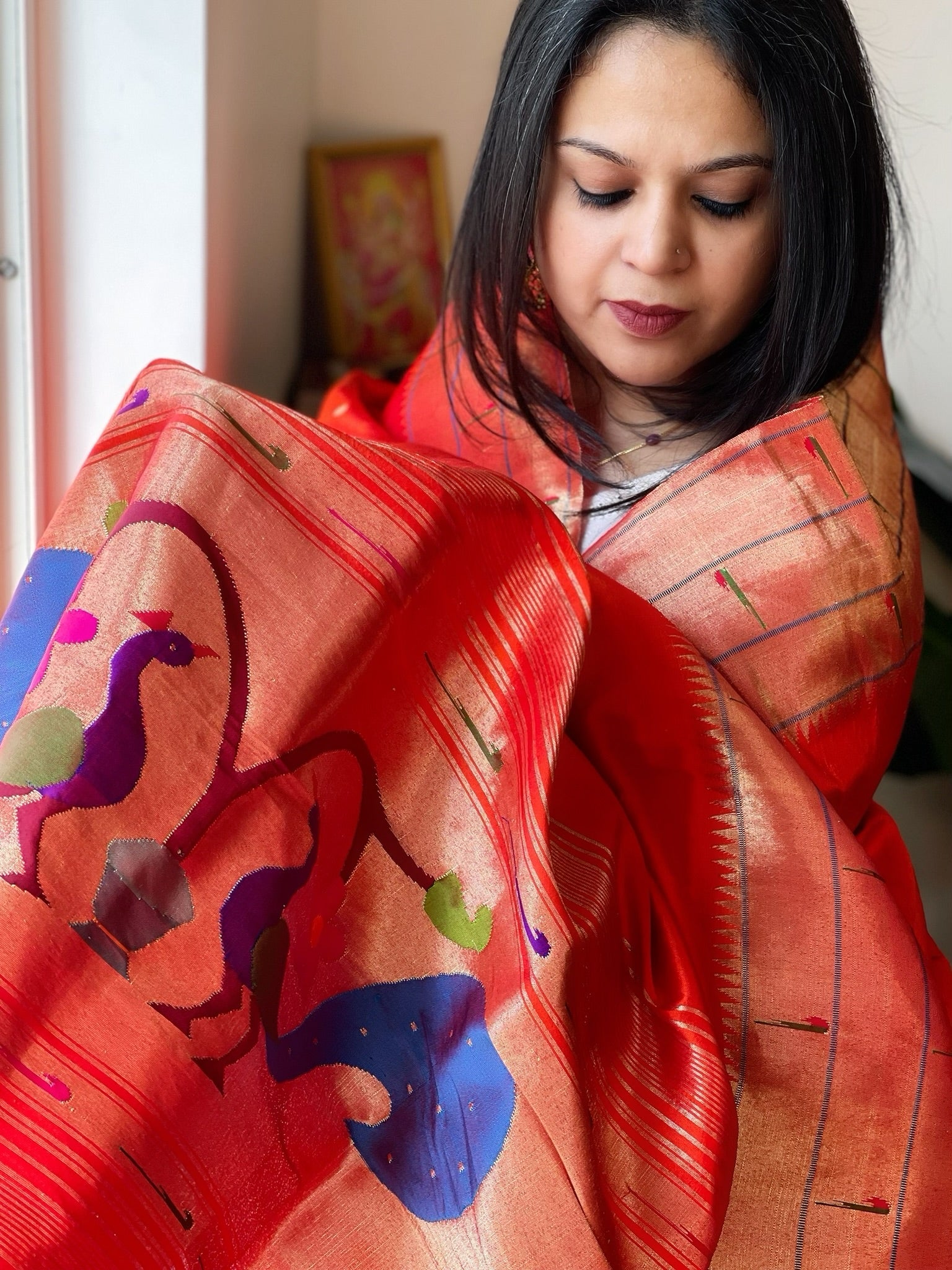 Orange Handwoven Triple Zari Border Paithani Dupatta in Pure Silk - Masakalee