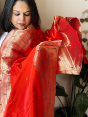 Orange Handwoven Triple Zari Border Paithani Dupatta in Pure Silk - Masakalee