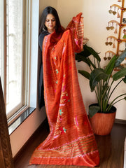 Orange Kashmiri Aari Embroidered Dupatta in Geecha Silk - Masakalee