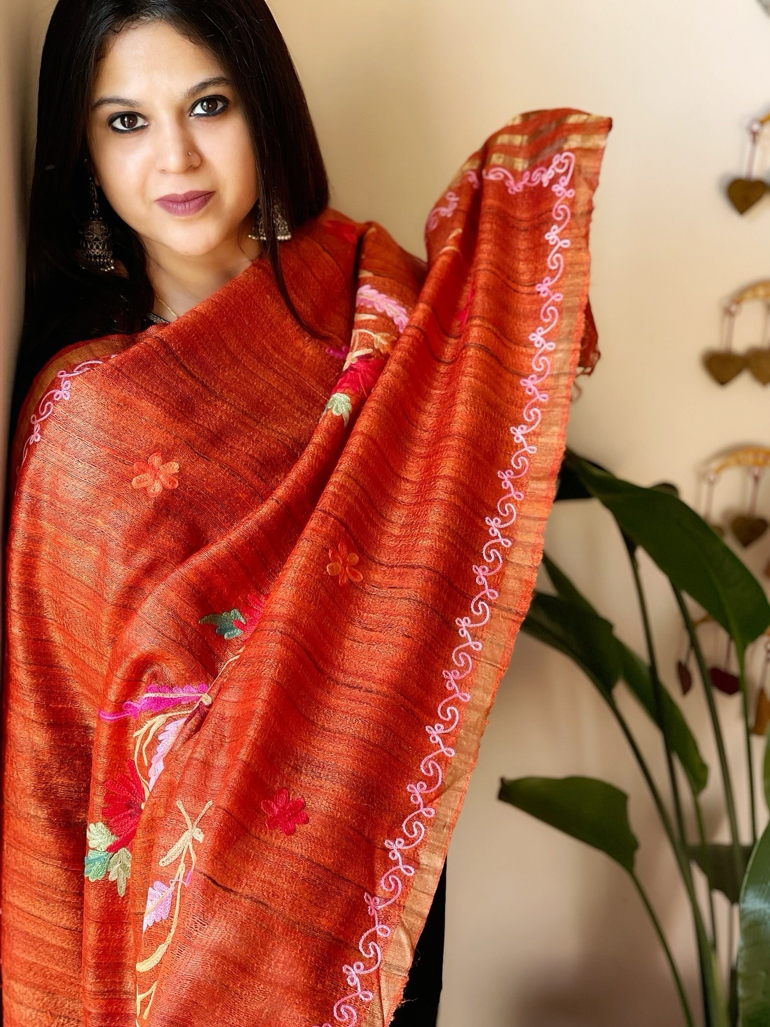 Orange Kashmiri Aari Embroidered Dupatta in Geecha Silk - Masakalee