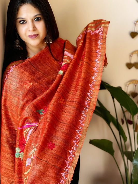 Orange Kashmiri Aari Embroidered Dupatta in Geecha Silk - Masakalee