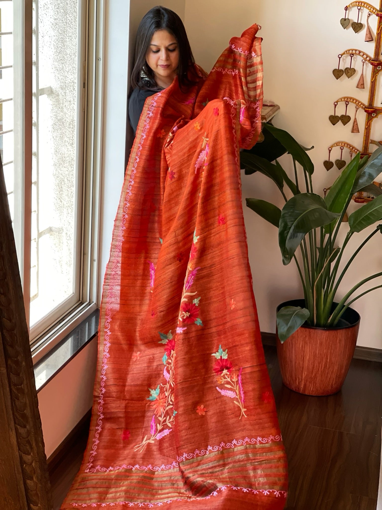 Orange Kashmiri Aari Embroidered Dupatta in Geecha Silk - Masakalee