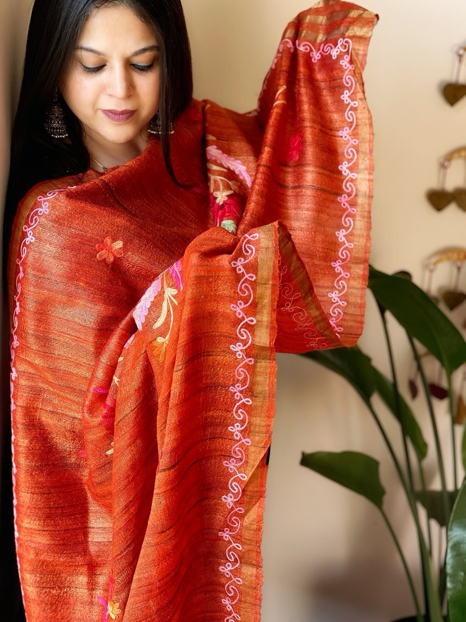 Orange Kashmiri Aari Embroidered Dupatta in Geecha Silk - Masakalee