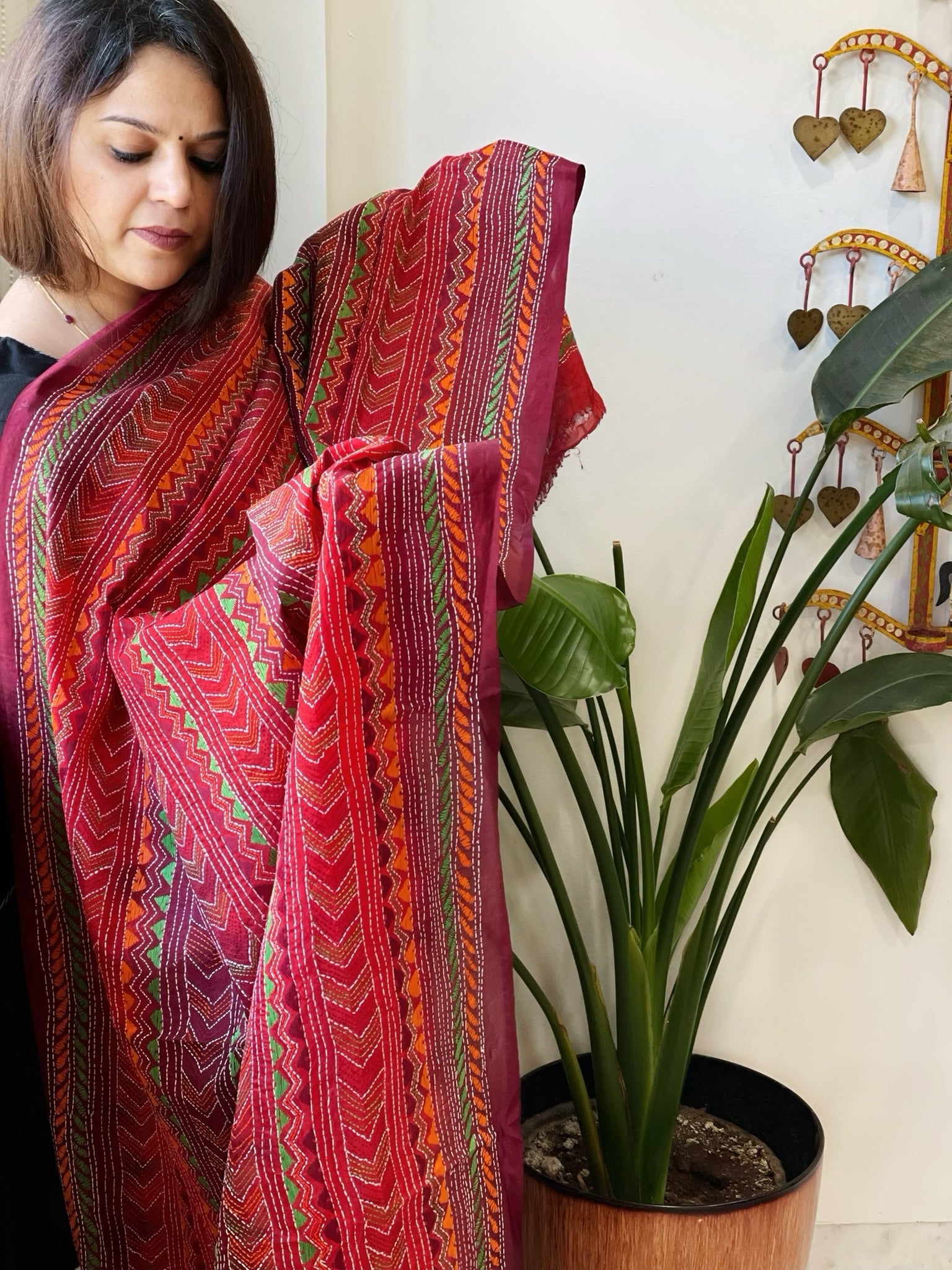 Orange, Maroon Handmade Kantha Dupatta in Silk - Masakalee