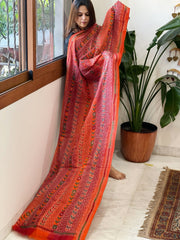 Orange, Maroon Handmade Kantha Dupatta in Silk - Masakalee