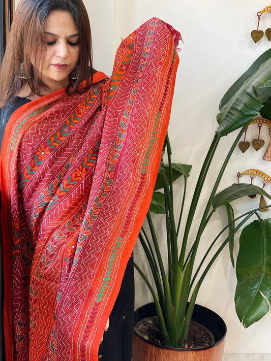 Orange, Maroon Handmade Kantha Dupatta in Silk - Masakalee