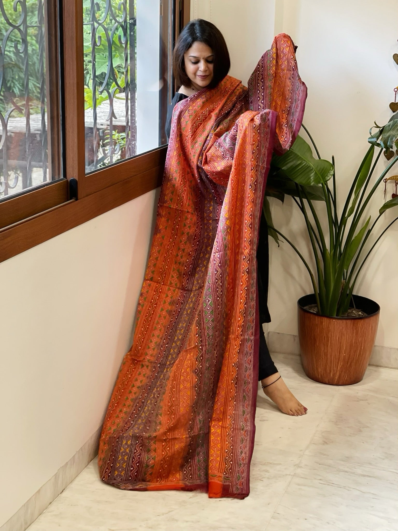 Orange, Maroon Handmade Kantha Dupatta in Silk - Masakalee