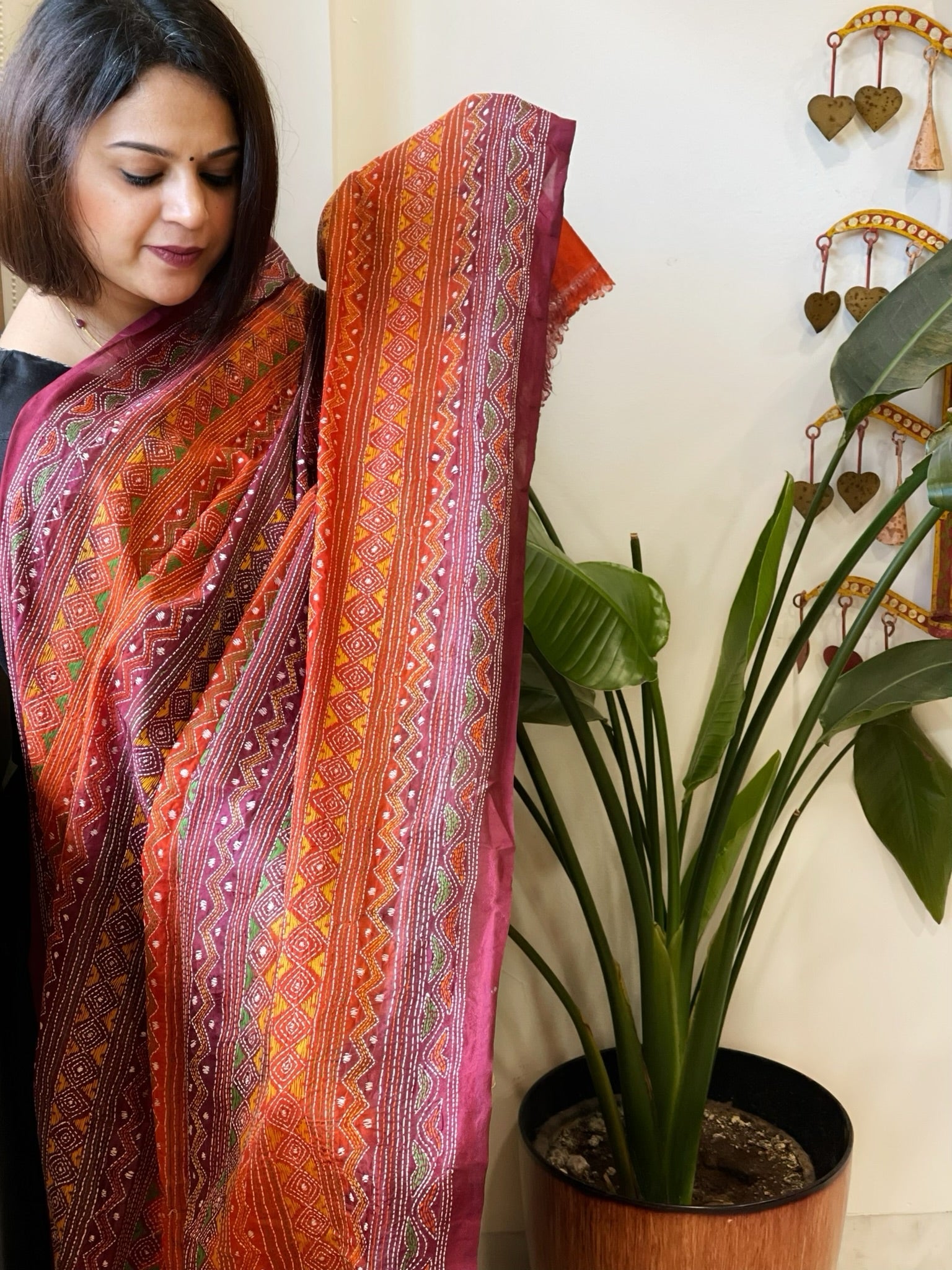 Orange, Maroon Handmade Kantha Dupatta in Silk - Masakalee