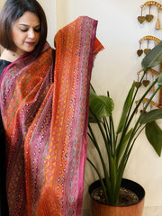 Orange, Maroon Handmade Kantha Dupatta in Silk - Masakalee
