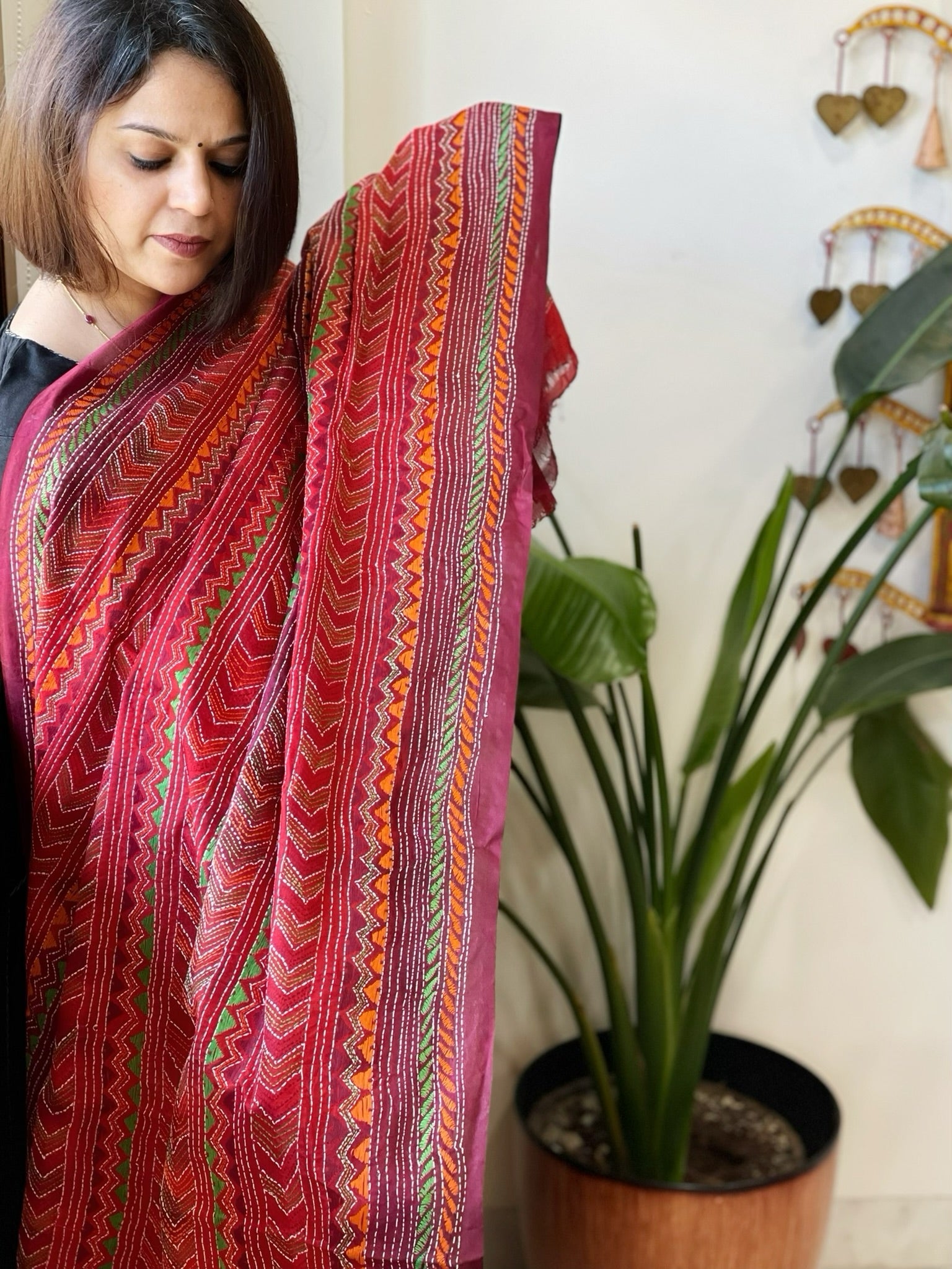 Orange, Maroon Handmade Kantha Dupatta in Silk - Masakalee