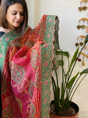 Orange, Pink Chinon Dupatta with Aari Embroidery - Masakalee