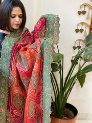 Orange Pink Chinon Dupatta with Aari Embroidery - Masakalee