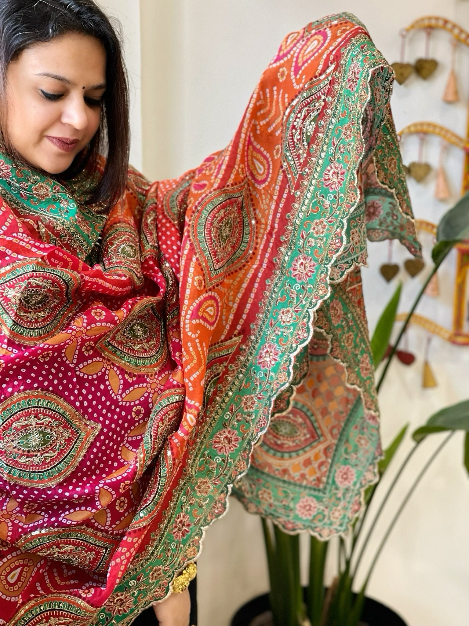 Orange, Pink Chinon Dupatta with Aari Embroidery - Masakalee
