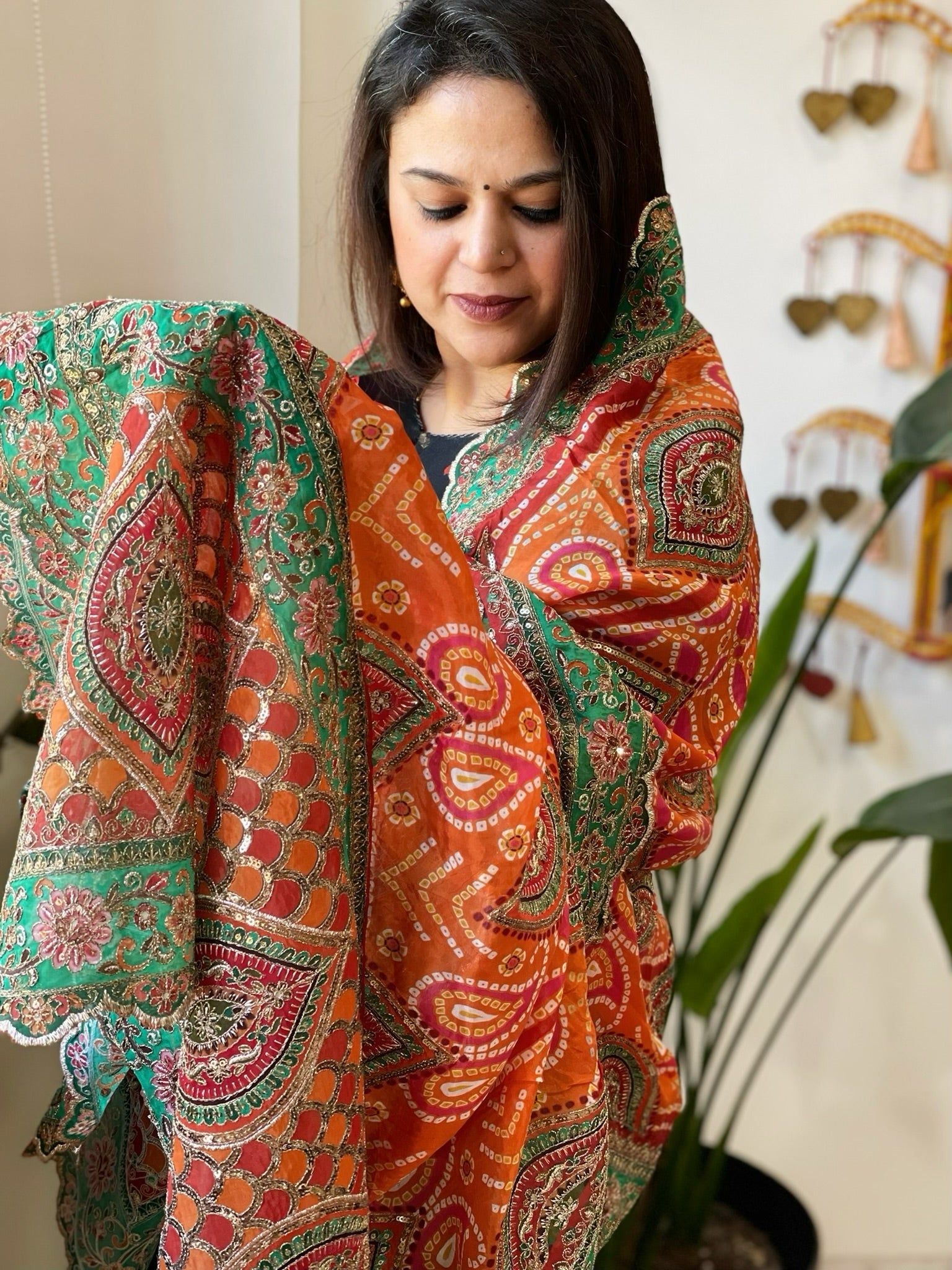 Orange, Pink Chinon Dupatta with Aari Embroidery - Masakalee