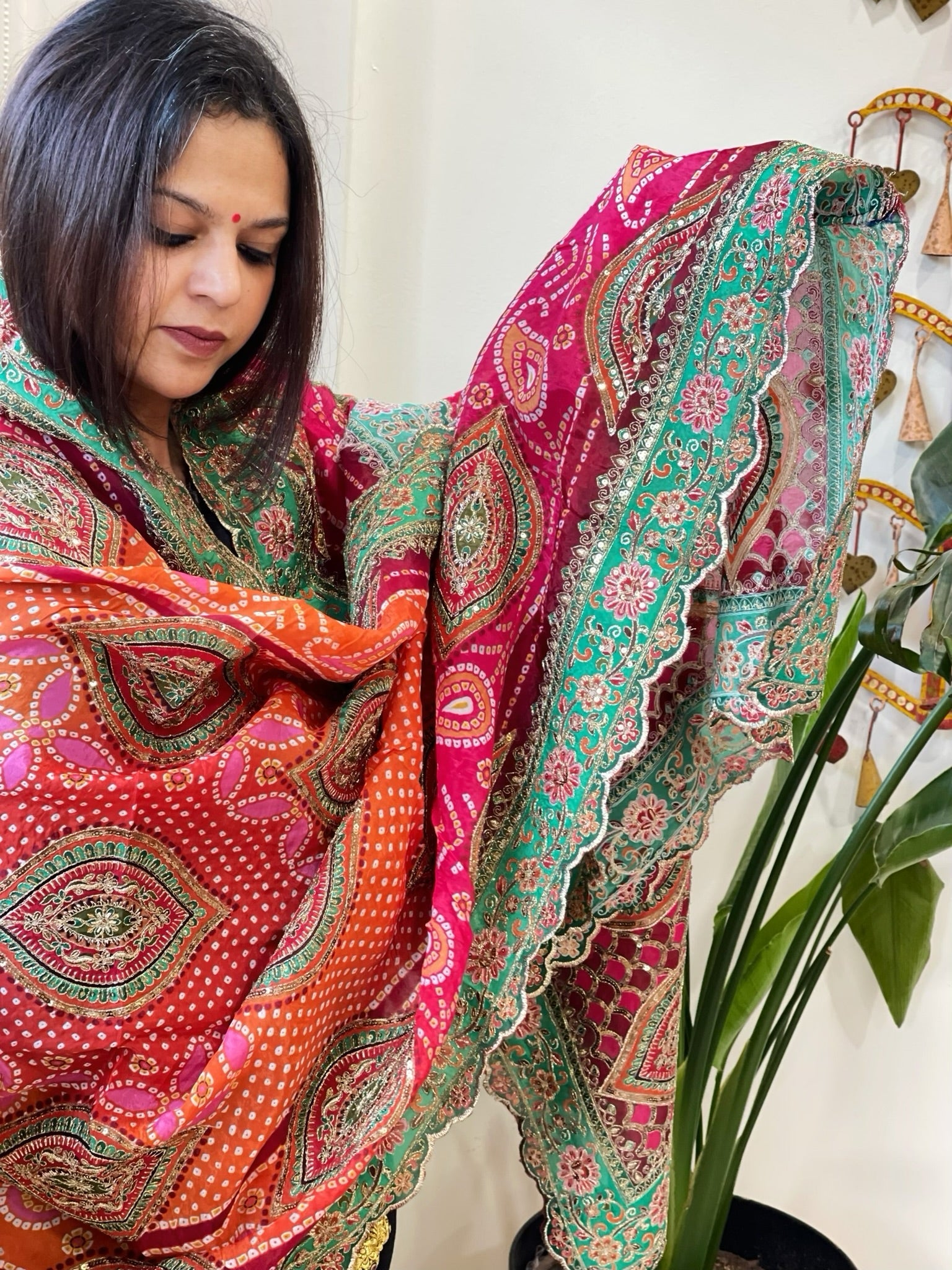 Orange Pink Chinon Dupatta with Aari Embroidery - Masakalee
