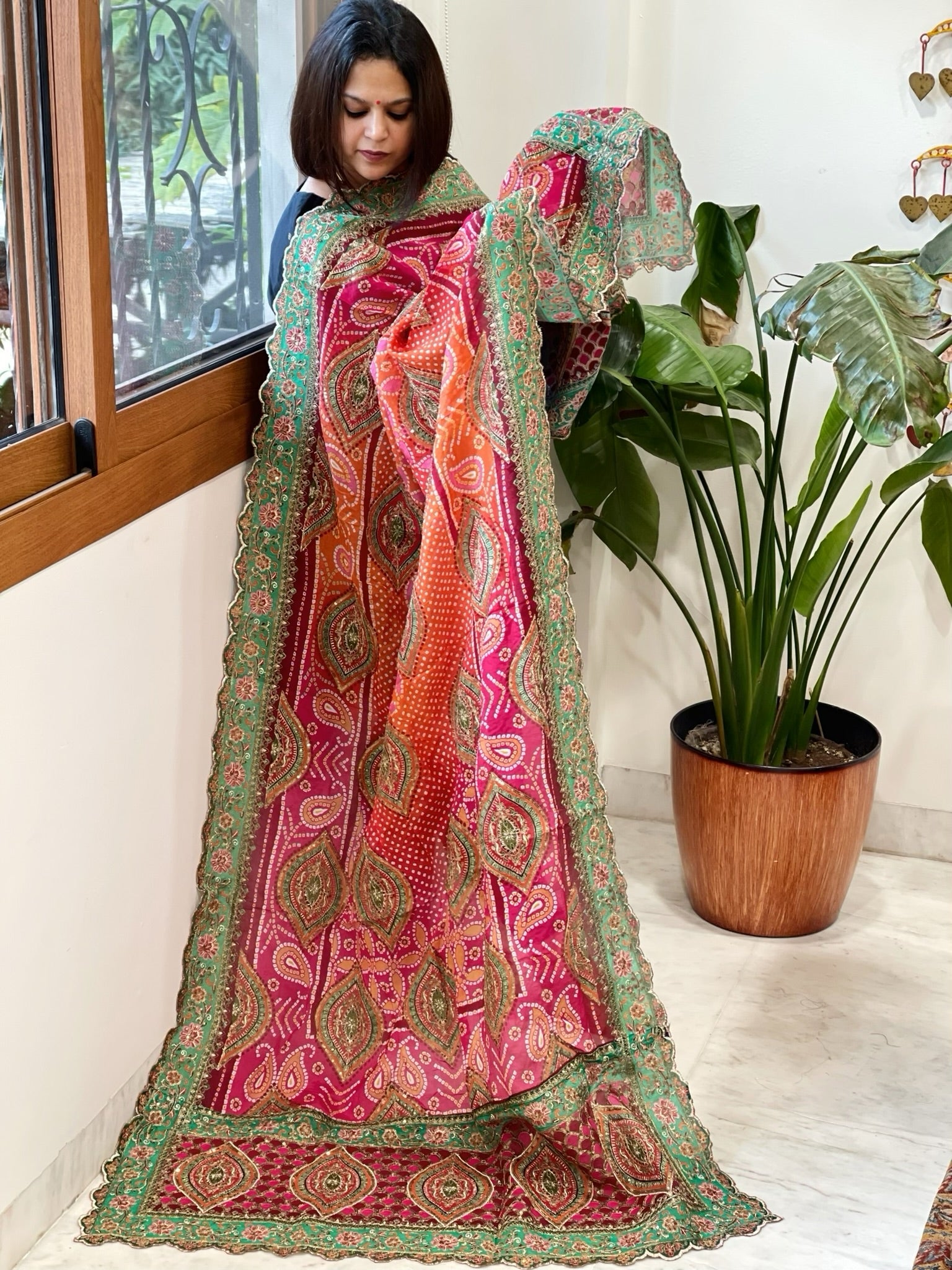 Orange Pink Chinon Dupatta with Aari Embroidery - Masakalee