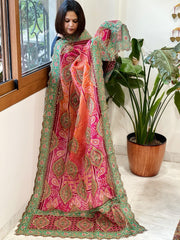 Orange Pink Chinon Dupatta with Aari Embroidery - Masakalee