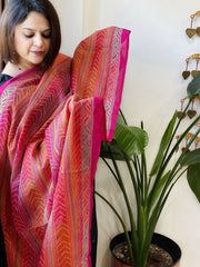 Orange, Pink Handmade Kantha Dupatta in Silk - Masakalee