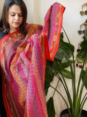 Orange, Pink Handmade Kantha Dupatta in Silk - Masakalee