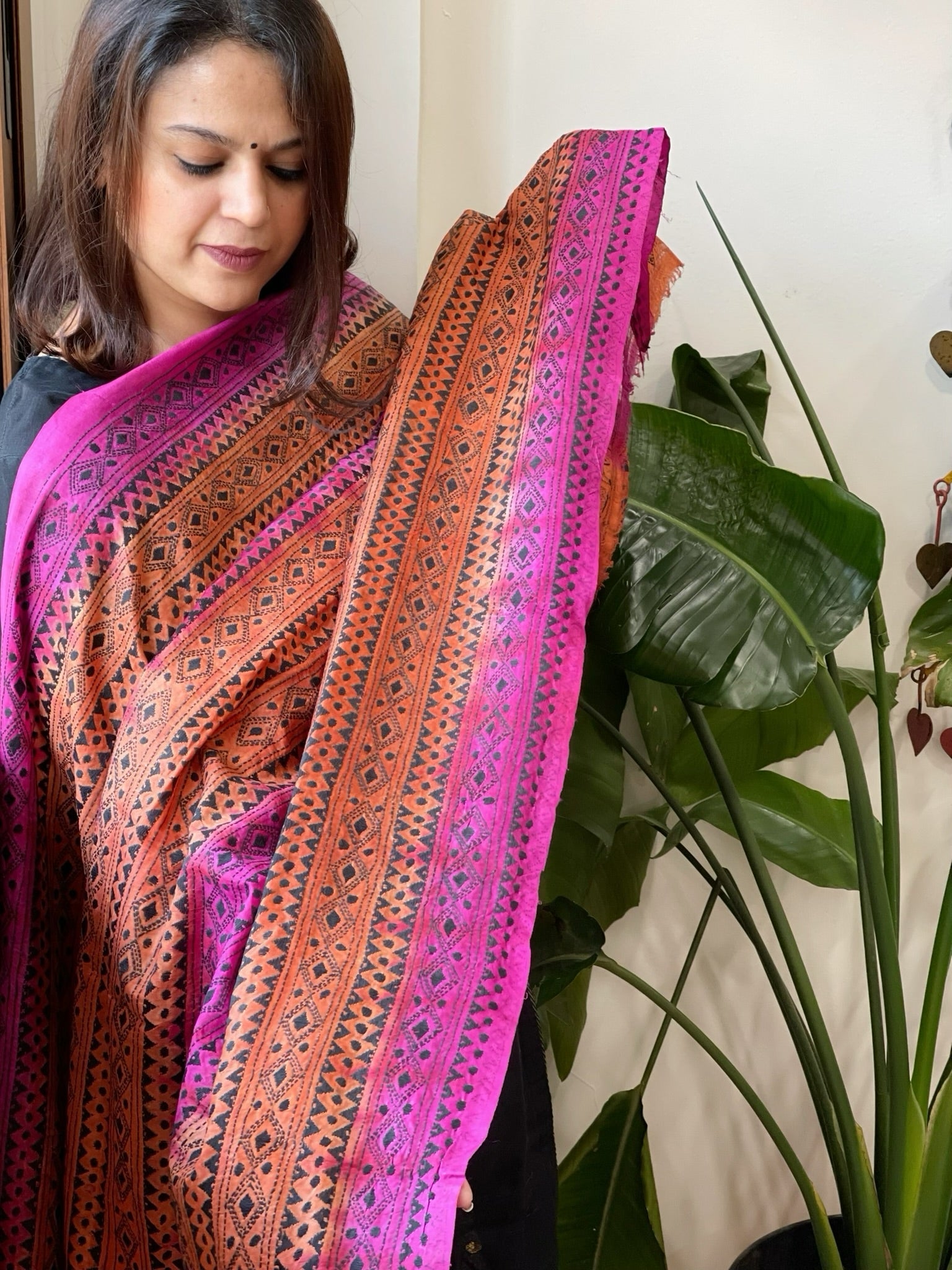 Orange, Pink Handmade Kantha Dupatta in Silk - Masakalee